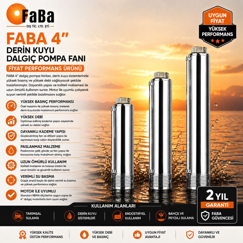 4SD10/29 Kademe Faba Dalgıç Pompa Fanı 7.5 HP Motora Uyumlu 2 Çıkışlı